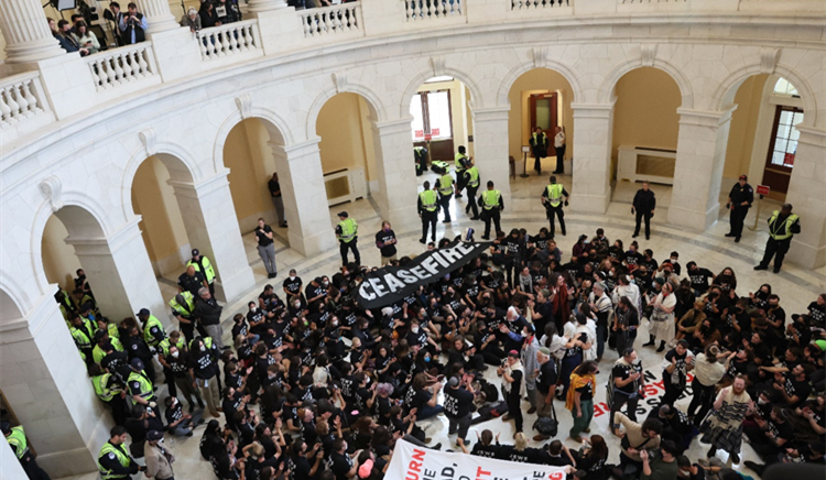 抗議者湧入美國會(huì)大廈籲巴以停火  300餘人被捕