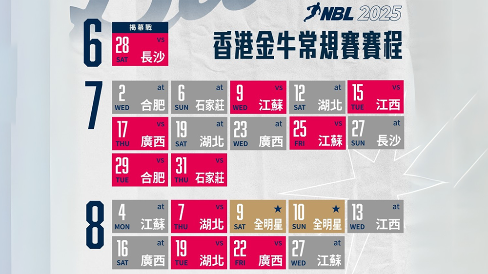 新季NBL賽程出爐 香港金牛周六揭幕戰(zhàn)主場鬥長沙勇勝