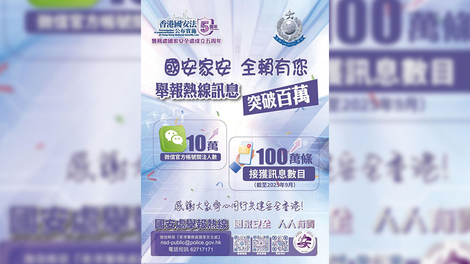 國(guó)安處舉報(bào)熱線接收訊息突破百萬(wàn) 警方感謝市民以行動(dòng)守護(hù)家園